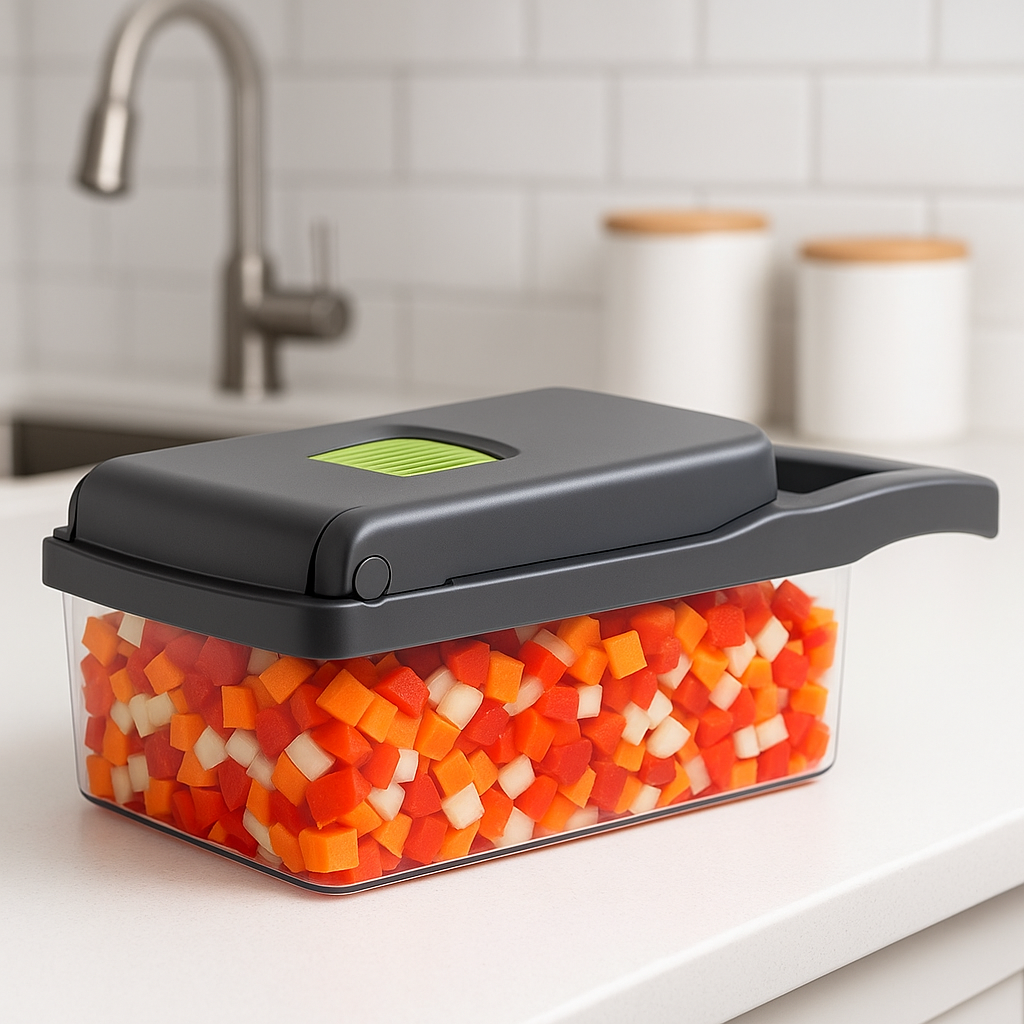 Coletor transparente cheio de legumes cortados